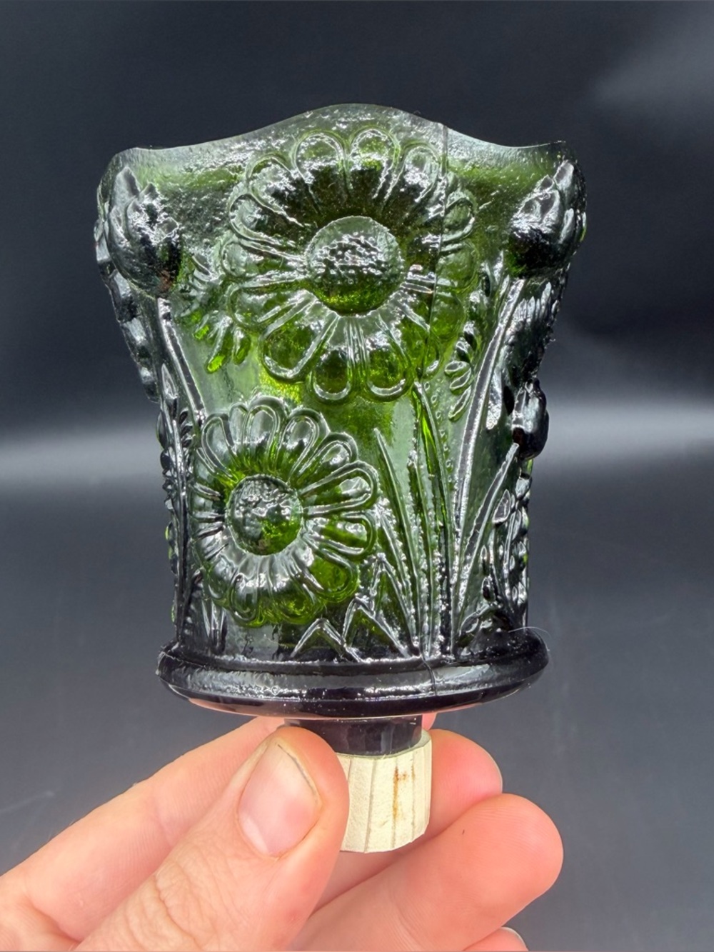 Vintage Deep Green Glass Peg Candle Holder Daisy Sunflower Floral Pattern 3”